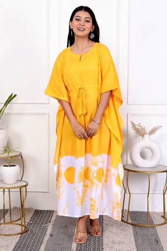 Yellow tie & dye white cotton kaftaan