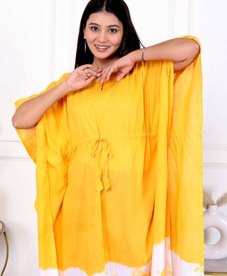 Yellow tie & dye white cotton kaftaan 4