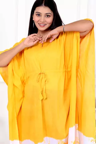 Yellow tie & dye white cotton kaftaan