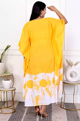 Yellow tie & dye white cotton kaftaan