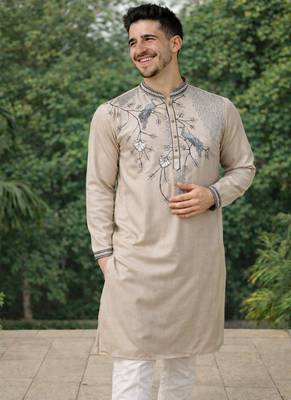 beige viscose silk kurta set with embroidery work 1
