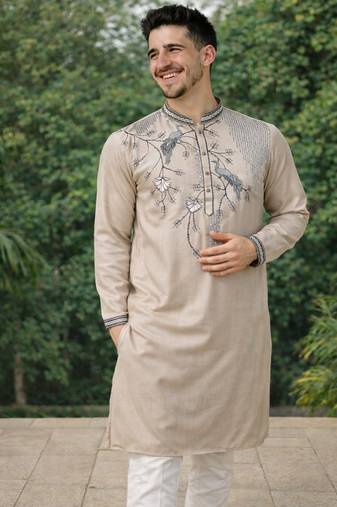 Beige color embroidery sequence work viscose silk kurta payjama set