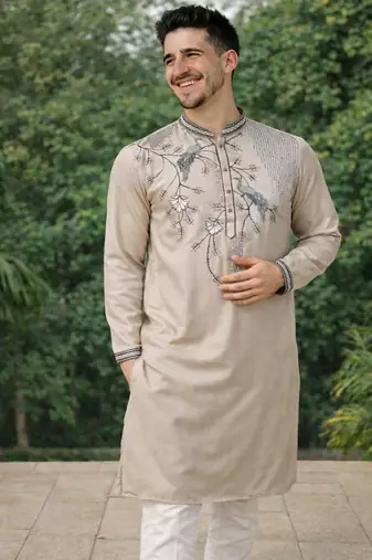 Beige color embroidery sequence work viscose silk kurta payjama set