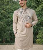 Beige color embroidery sequence work viscose silk kurta payjama set