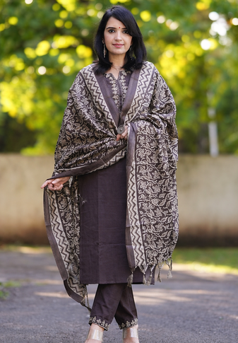 Brown Printed Cotton Kurta Set with Dupatta | Ethnic Wear for Women