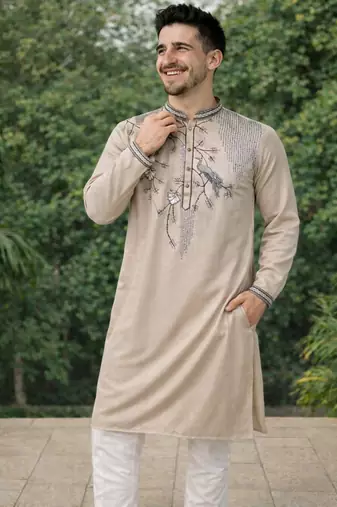 beige viscose silk kurta set with embroidery work