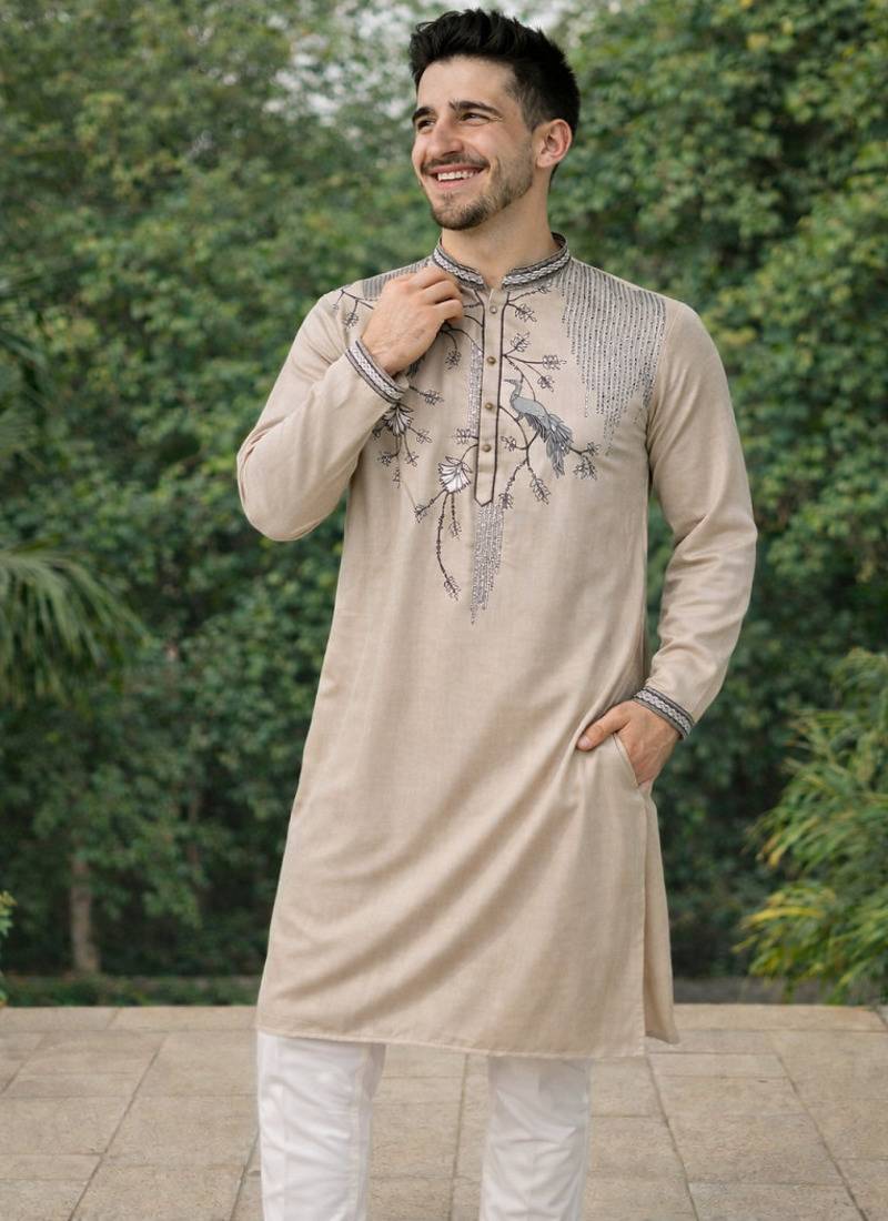 Beige color embroidery sequence work viscose silk kurta payjama set