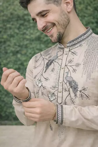 beige viscose silk kurta set with embroidery work