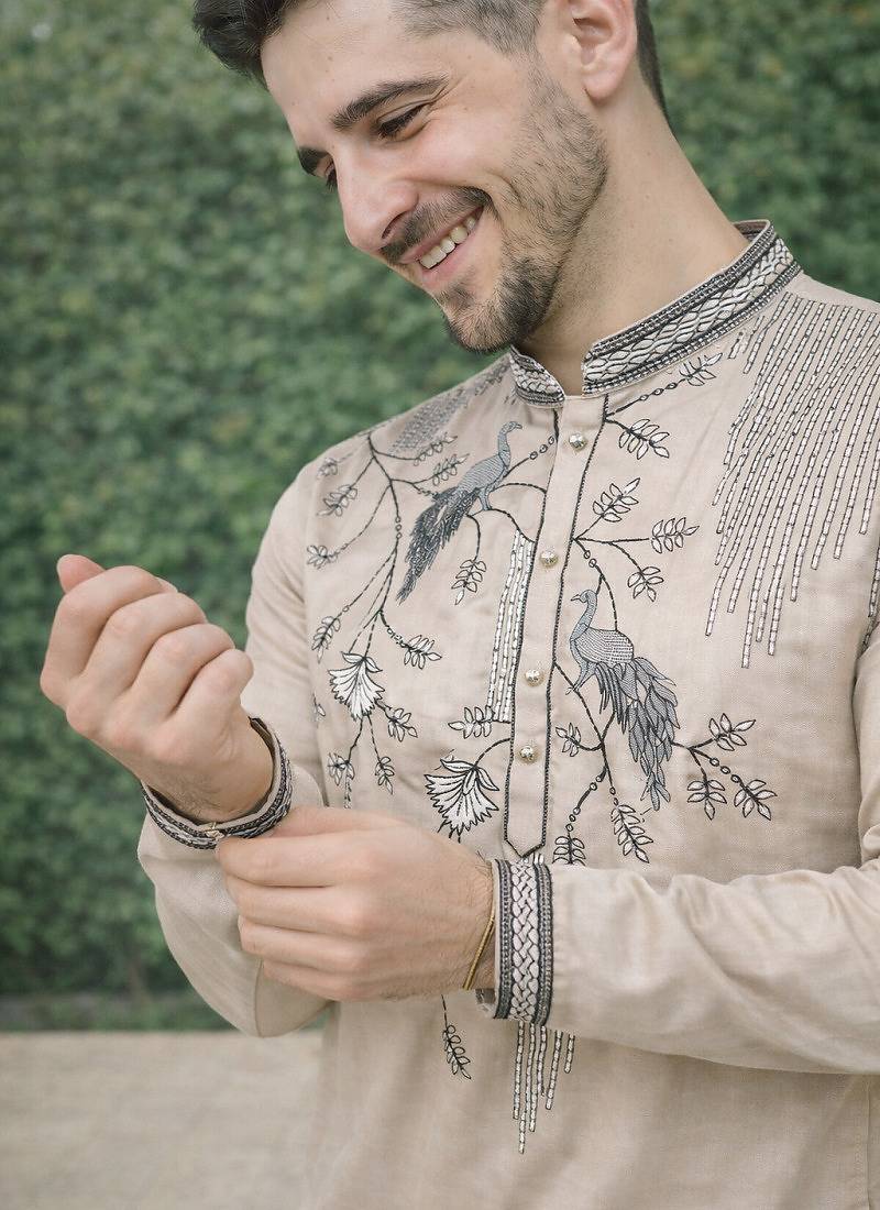 Beige color embroidery sequence work viscose silk kurta payjama set