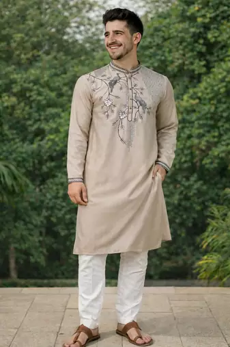 beige viscose silk kurta set with embroidery work