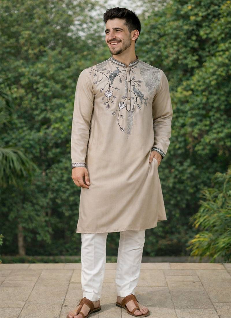 Beige color embroidery sequence work viscose silk kurta payjama set