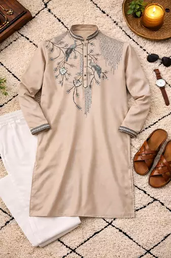 beige viscose silk kurta set with embroidery work