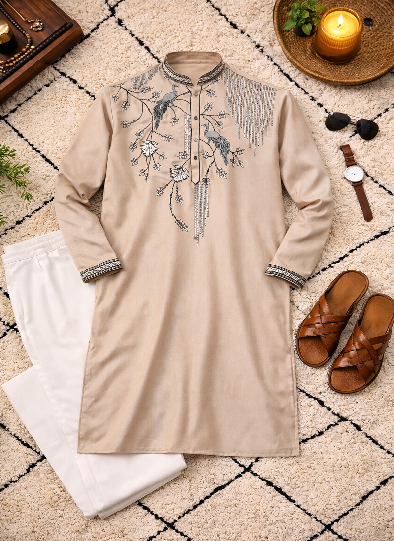 Beige color embroidery sequence work viscose silk kurta payjama set