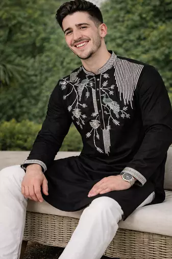 black viscose silk kurta set with embroidery work