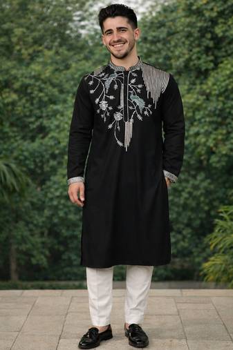 Black color embroidery sequence work viscose silk kurta payjama set