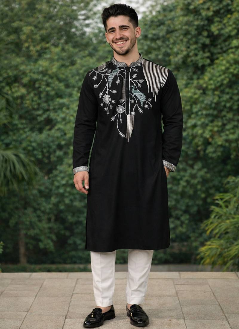 Black color embroidery sequence work viscose silk kurta payjama set