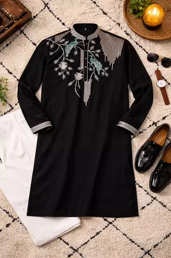 black viscose silk kurta set with embroidery work