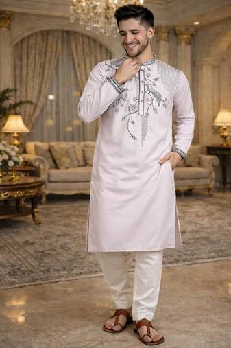 Light pink color embroidery sequence work viscose silk kurta payjama set