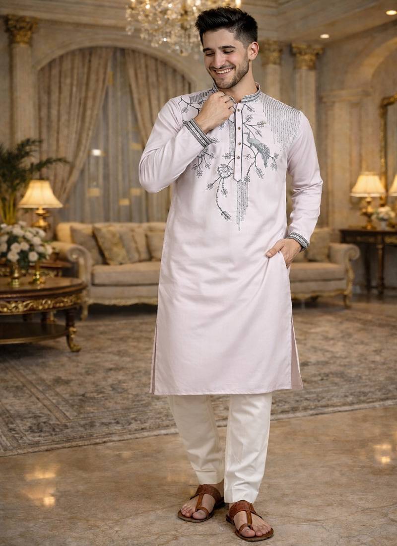 Light pink color embroidery sequence work viscose silk kurta payjama set
