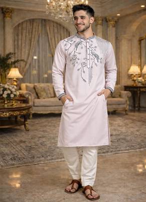 light pink viscose silk kurta set with embroidery work 2