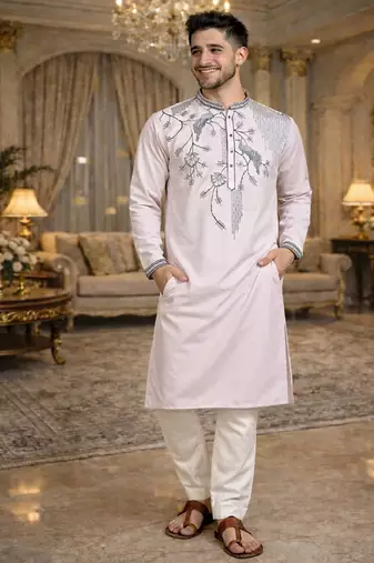 light pink viscose silk kurta set with embroidery work