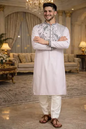 light pink viscose silk kurta set with embroidery work