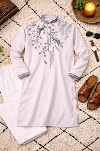 light pink viscose silk kurta set with embroidery work