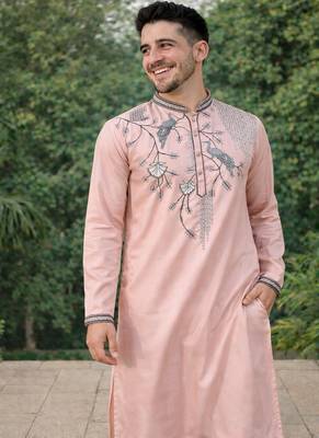 peach viscose silk kurta set with embroidery work 2