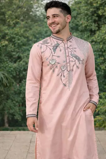 peach viscose silk kurta set with embroidery work