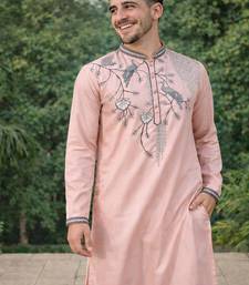 Peach color embroidery sequence work viscose silk kurta payjama set