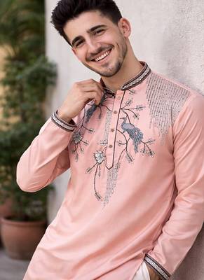 peach viscose silk kurta set with embroidery work 3