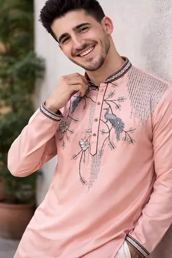 peach viscose silk kurta set with embroidery work