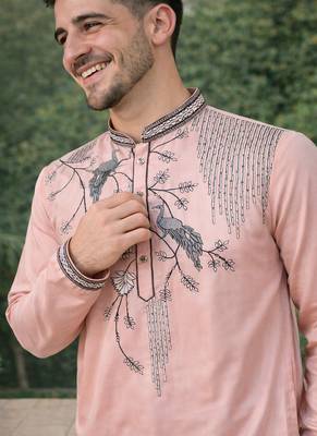 peach viscose silk kurta set with embroidery work 4