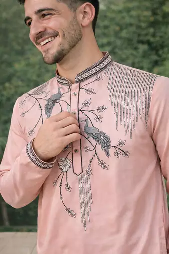 peach viscose silk kurta set with embroidery work