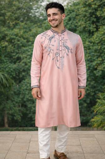 Peach color embroidery sequence work viscose silk kurta payjama set