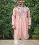 Peach color embroidery sequence work viscose silk kurta payjama set