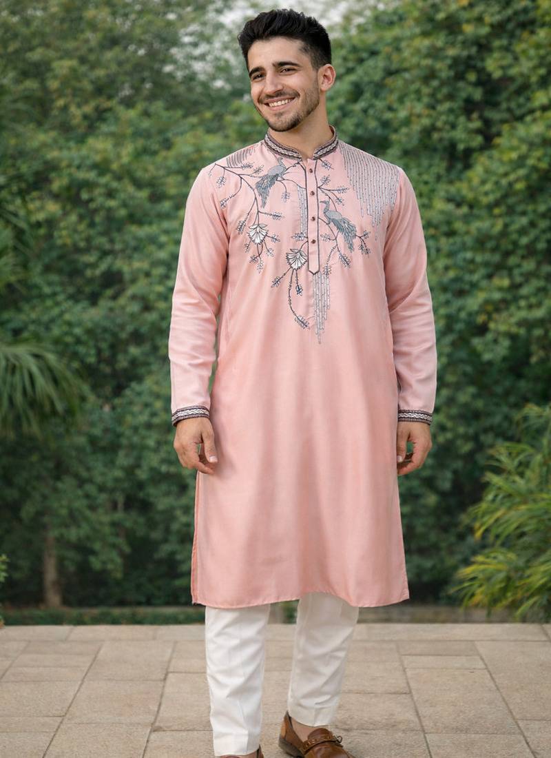 Peach color embroidery sequence work viscose silk kurta payjama set