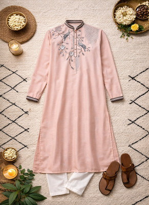 peach viscose silk kurta set with embroidery work 5