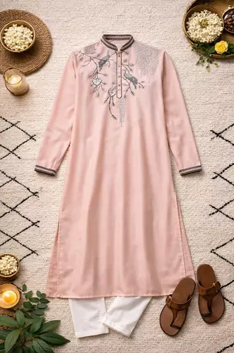 peach viscose silk kurta set with embroidery work