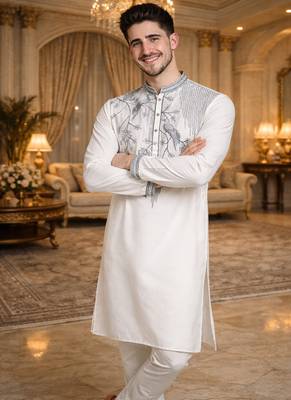 white viscose silk kurta set with embroidery work 1