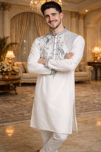 White color embroidery sequence work viscose silk kurta payjama set