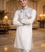 White color embroidery sequence work viscose silk kurta payjama set