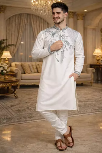 white viscose silk kurta set with embroidery work