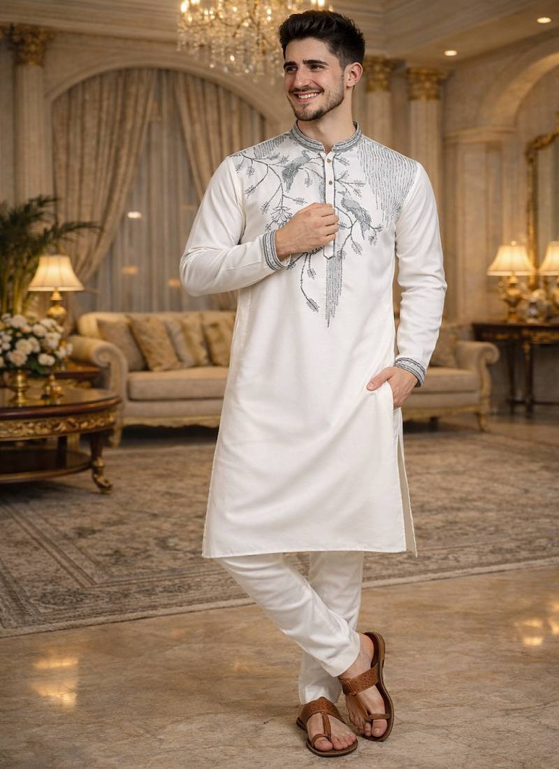 White color embroidery sequence work viscose silk kurta payjama set