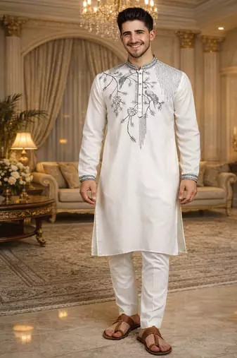 white viscose silk kurta set with embroidery work