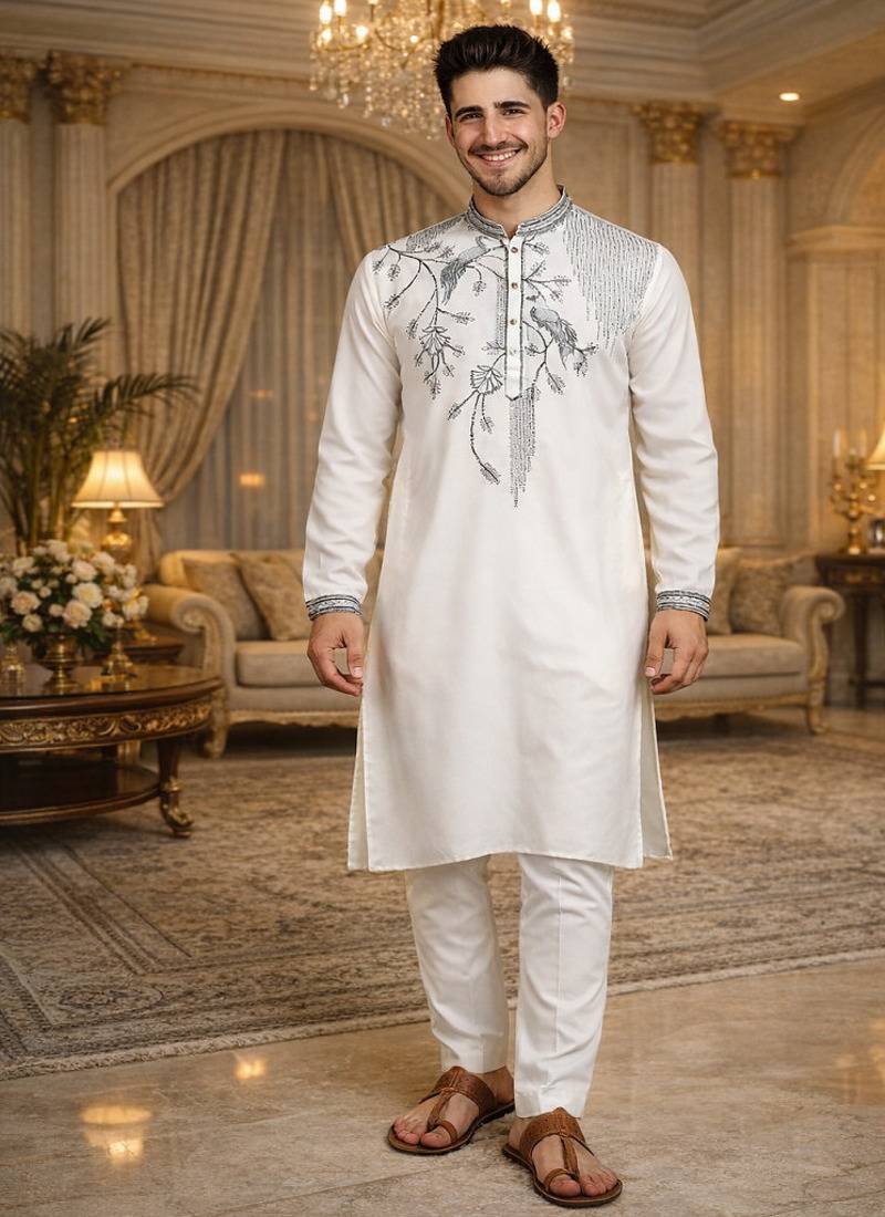 White color embroidery sequence work viscose silk kurta payjama set