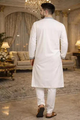white viscose silk kurta set with embroidery work