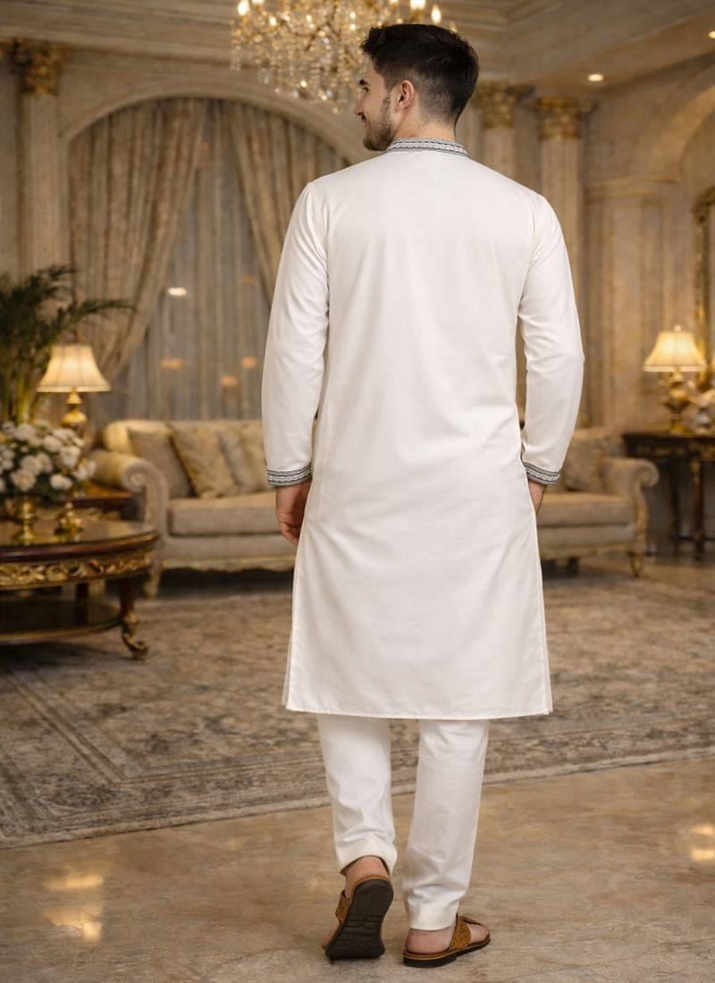 White color embroidery sequence work viscose silk kurta payjama set