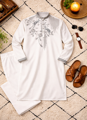 white viscose silk kurta set with embroidery work 5