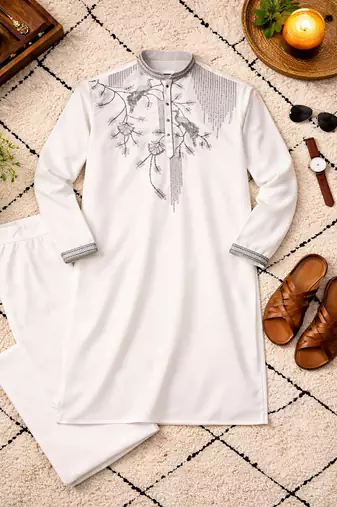 white viscose silk kurta set with embroidery work